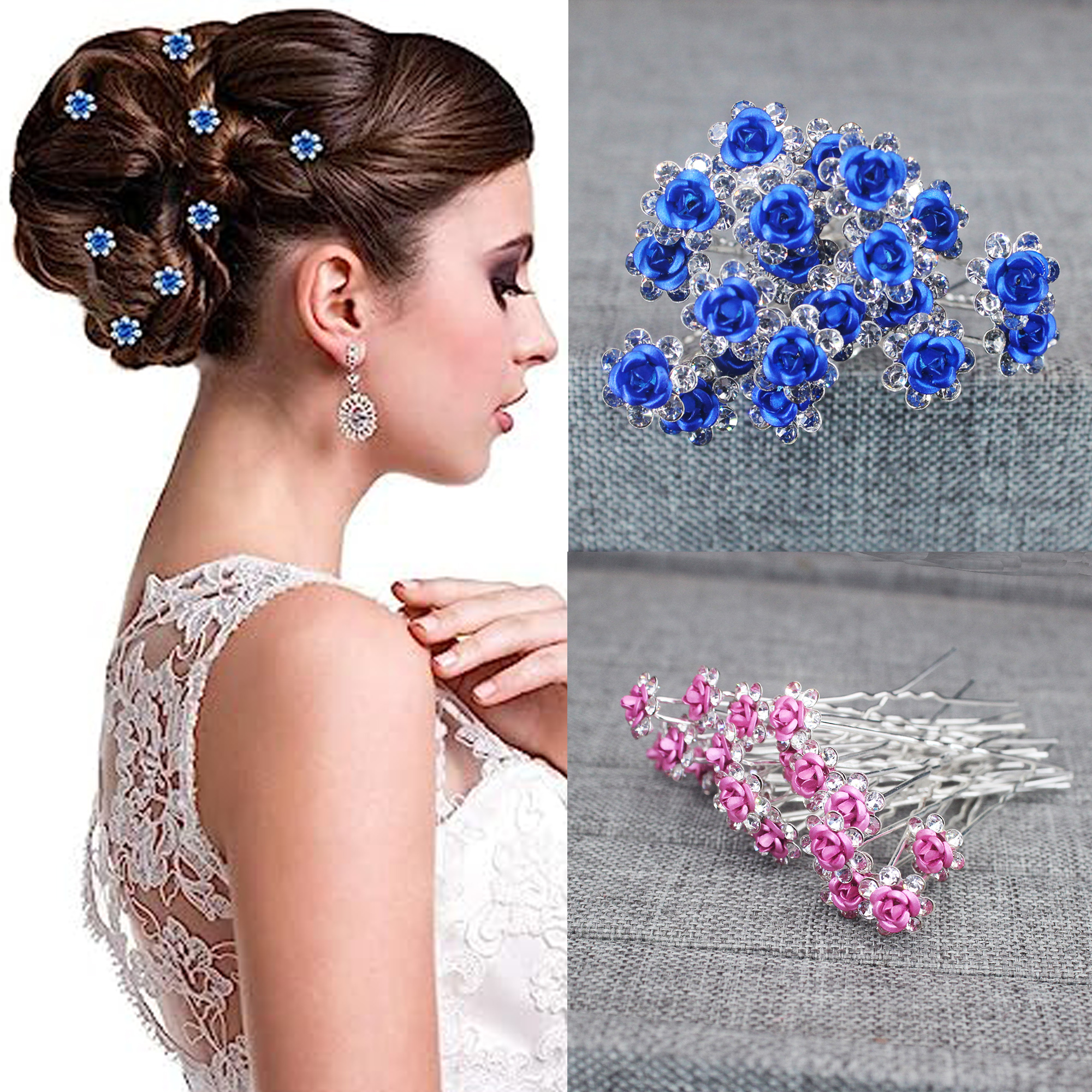 Women'S Hair Accessories Wedding - 20PCS Rose Flower Rhinestone Hairpins Crystal